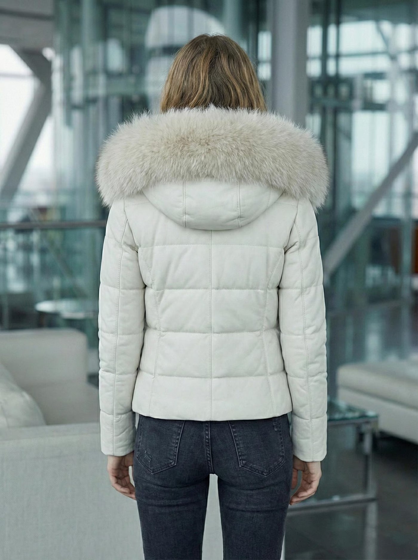 White Leather Puffer Jacket with Fur Hood