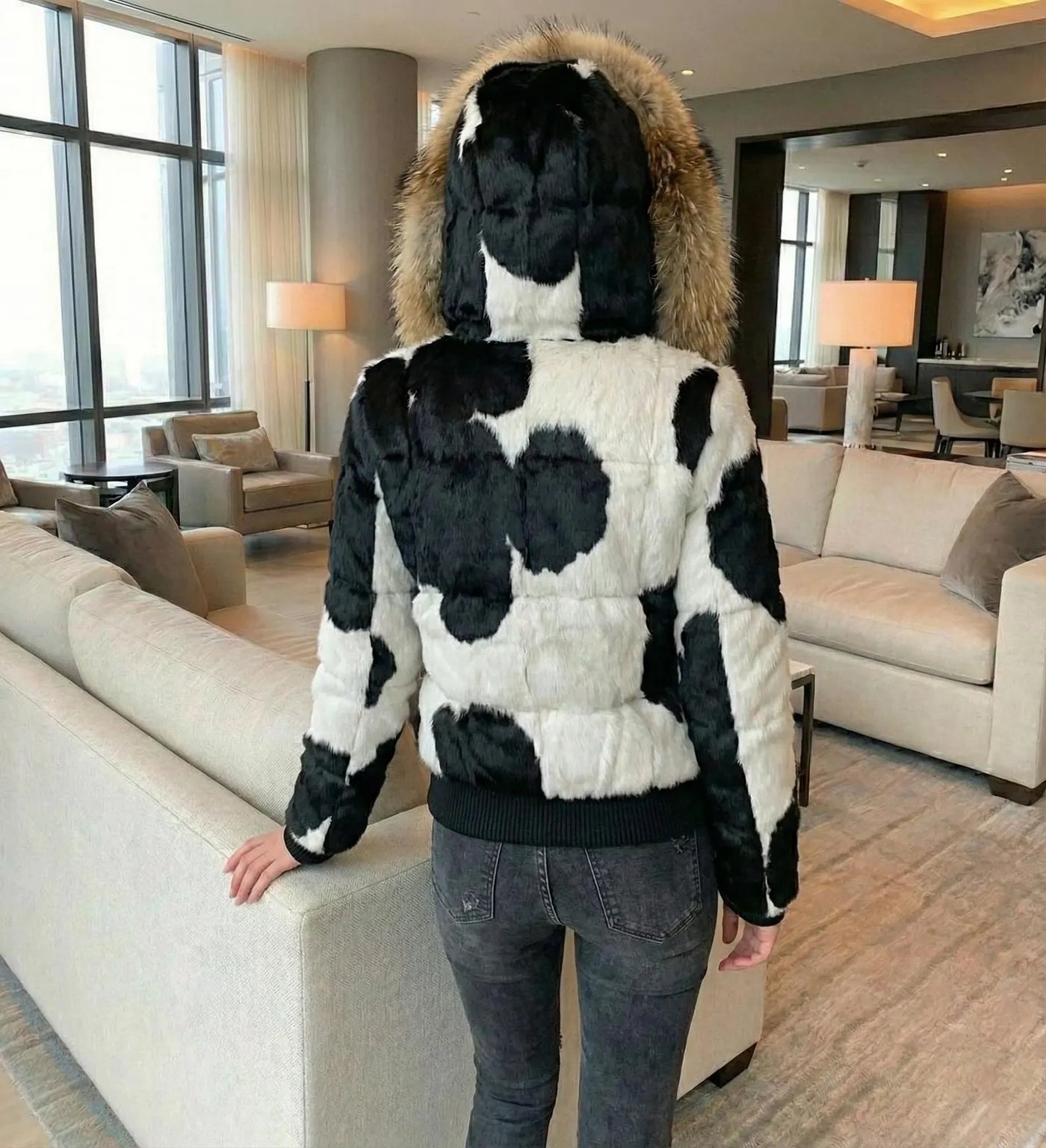 Women Cowhide Leather Puffer jacket