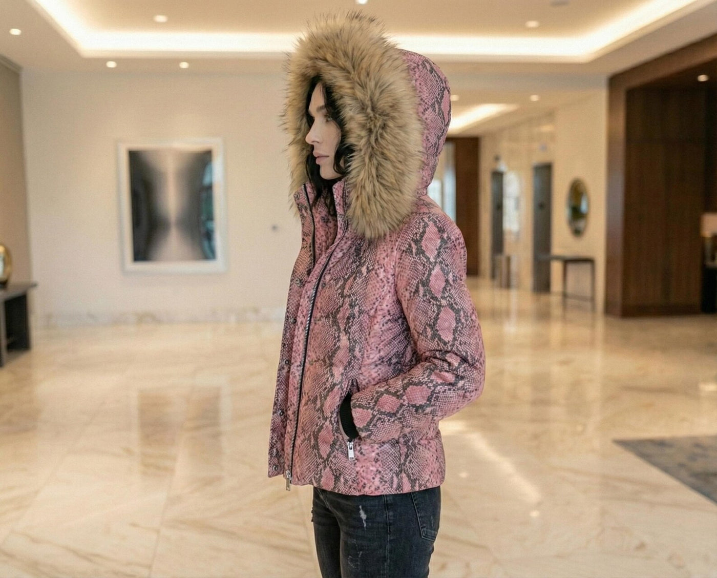 Pink Snake Print Leather Puffer Jacket with Fur Hood