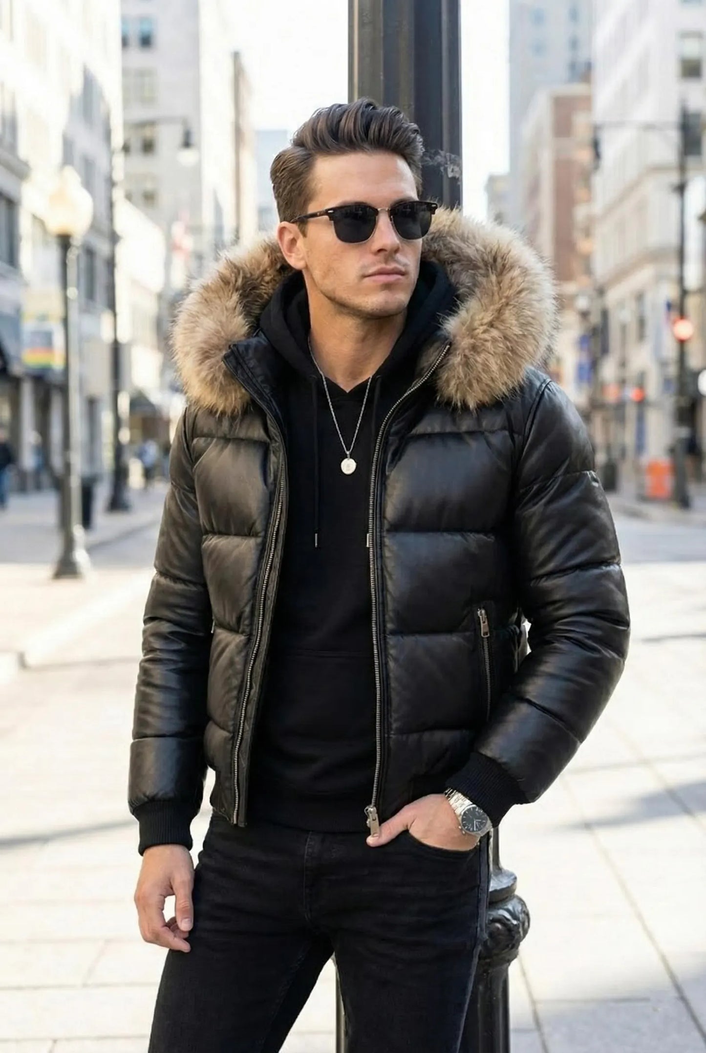 Men Black Leather Puffer Jacket with Fur Hood