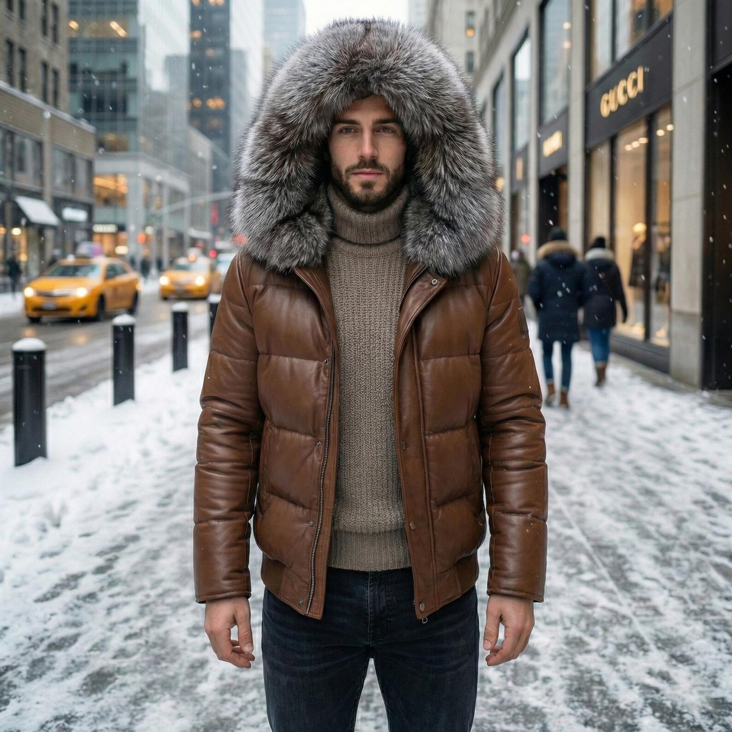 Men's Brown Leather Puffer Jacket with Fur Hood