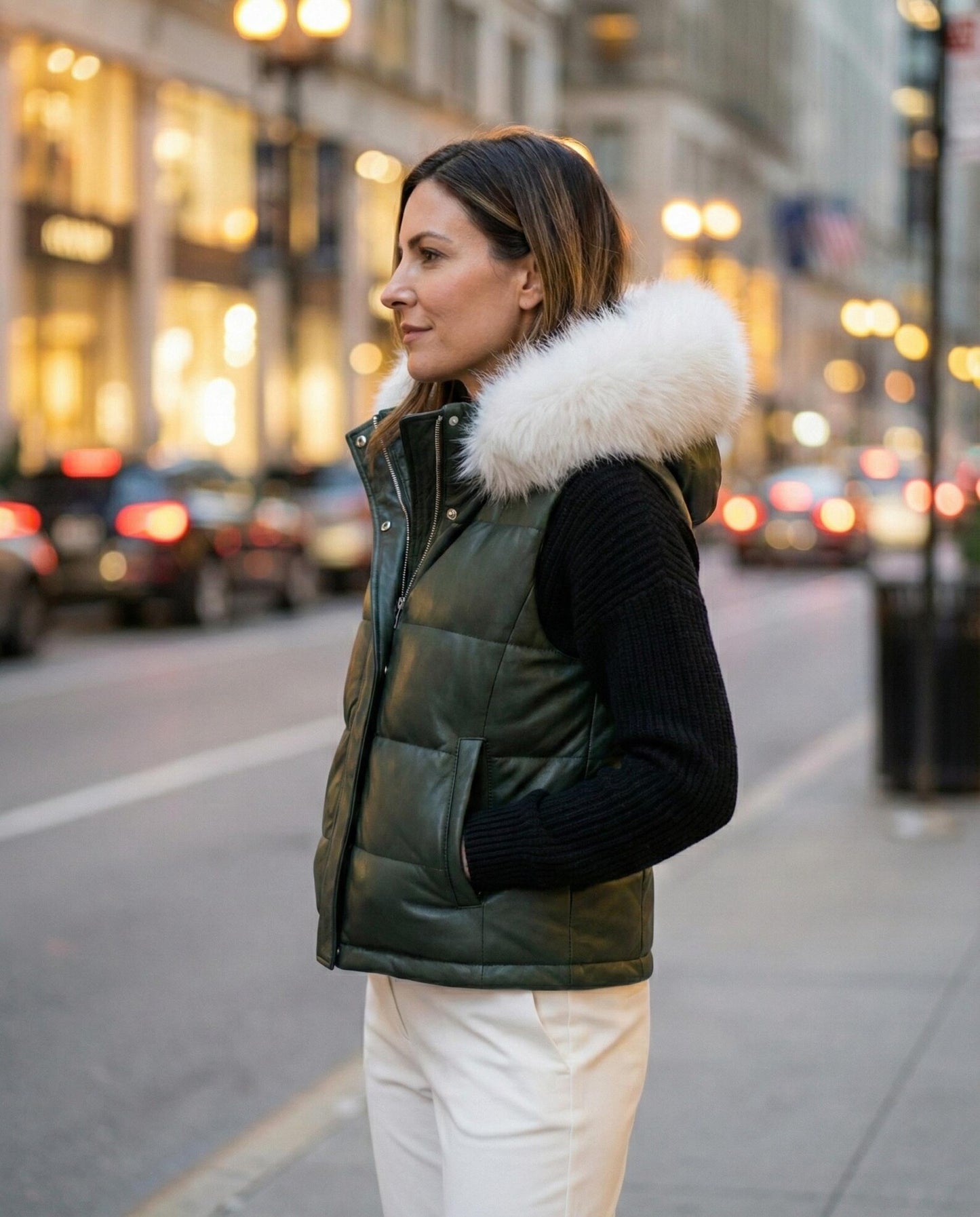 Women's Leather Puffer Vest with Fur Hood