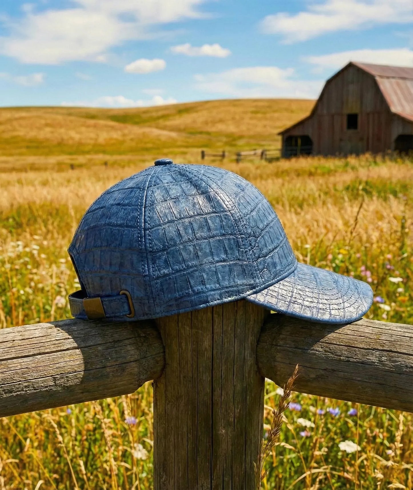 Blue Crocodile Embossed Leather Baseball Cap