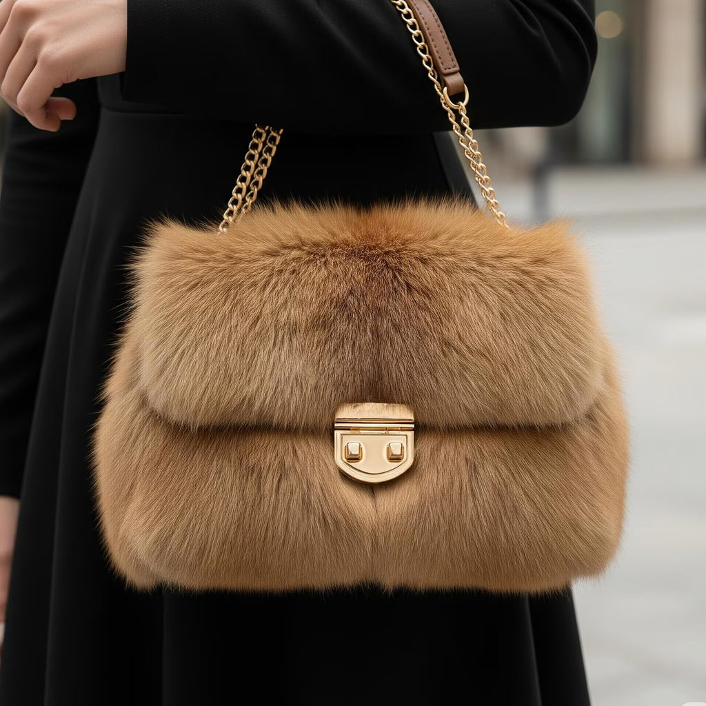 Faux Fur Clutch Bag: Golden Plush Handbag with Chain Strap