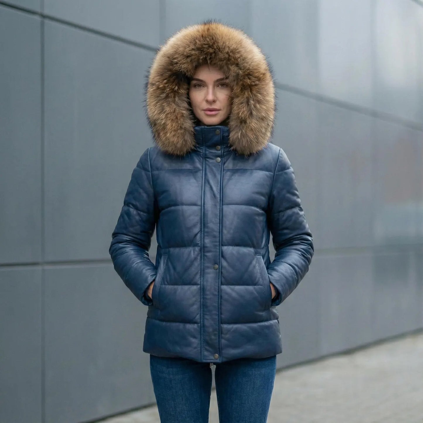 Women's  Brown Leather Puffer Jacket