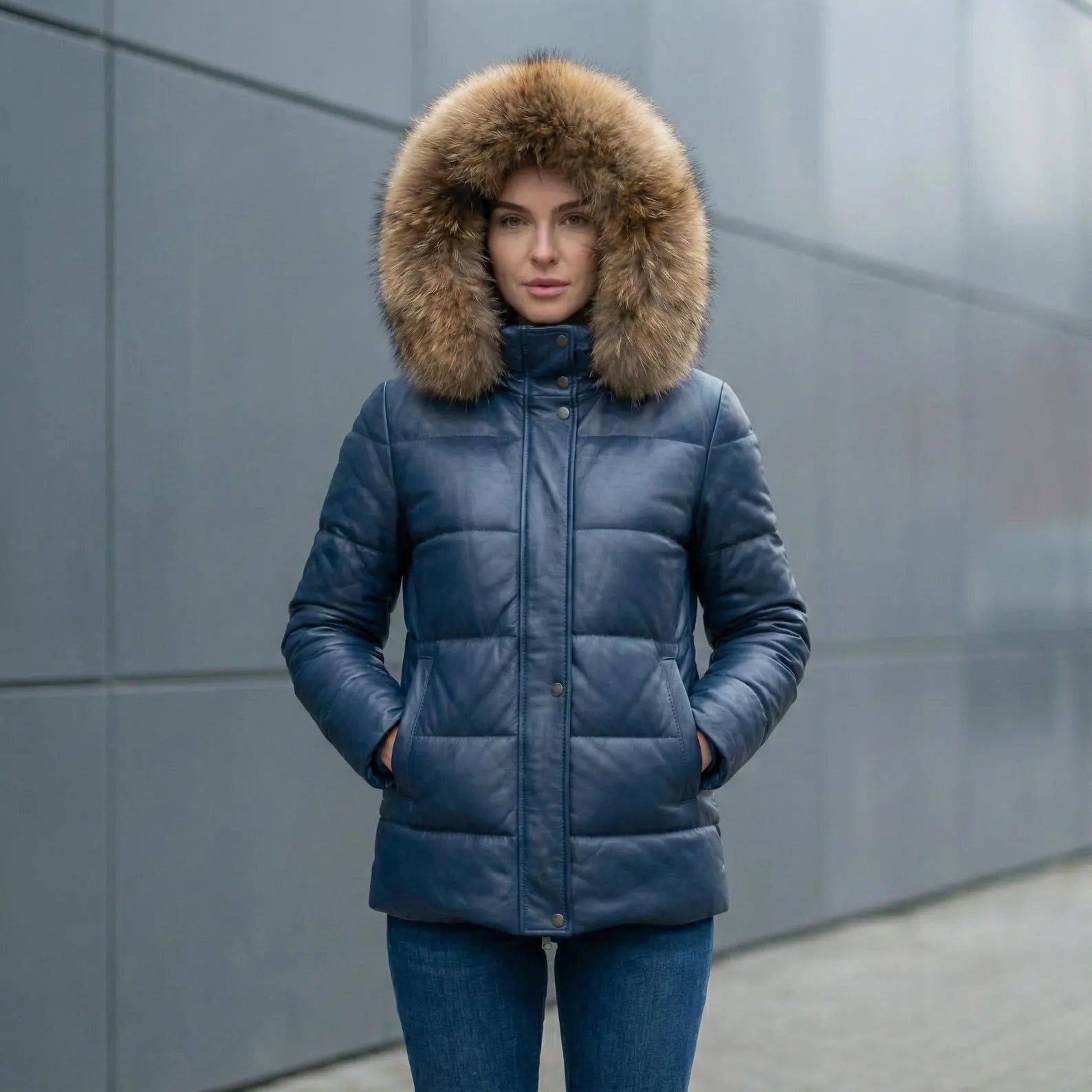 Women's Luxury Brown Leather Puffer Jacket Fox Fur Trimmed Bubble Coat