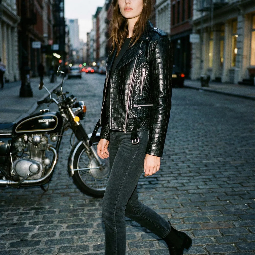 Women's Black Crocodile Leather Biker Jacket - Luxury Genuine Leather Motorcycle S-3XL