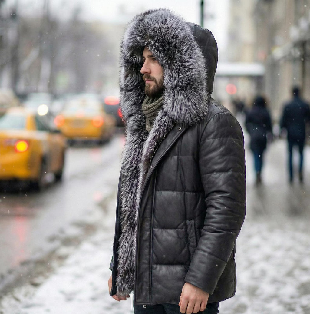 Men’s Luxury Black Leather Puffer Jacket Real Fox Fur Hood Winter Puffy Coat