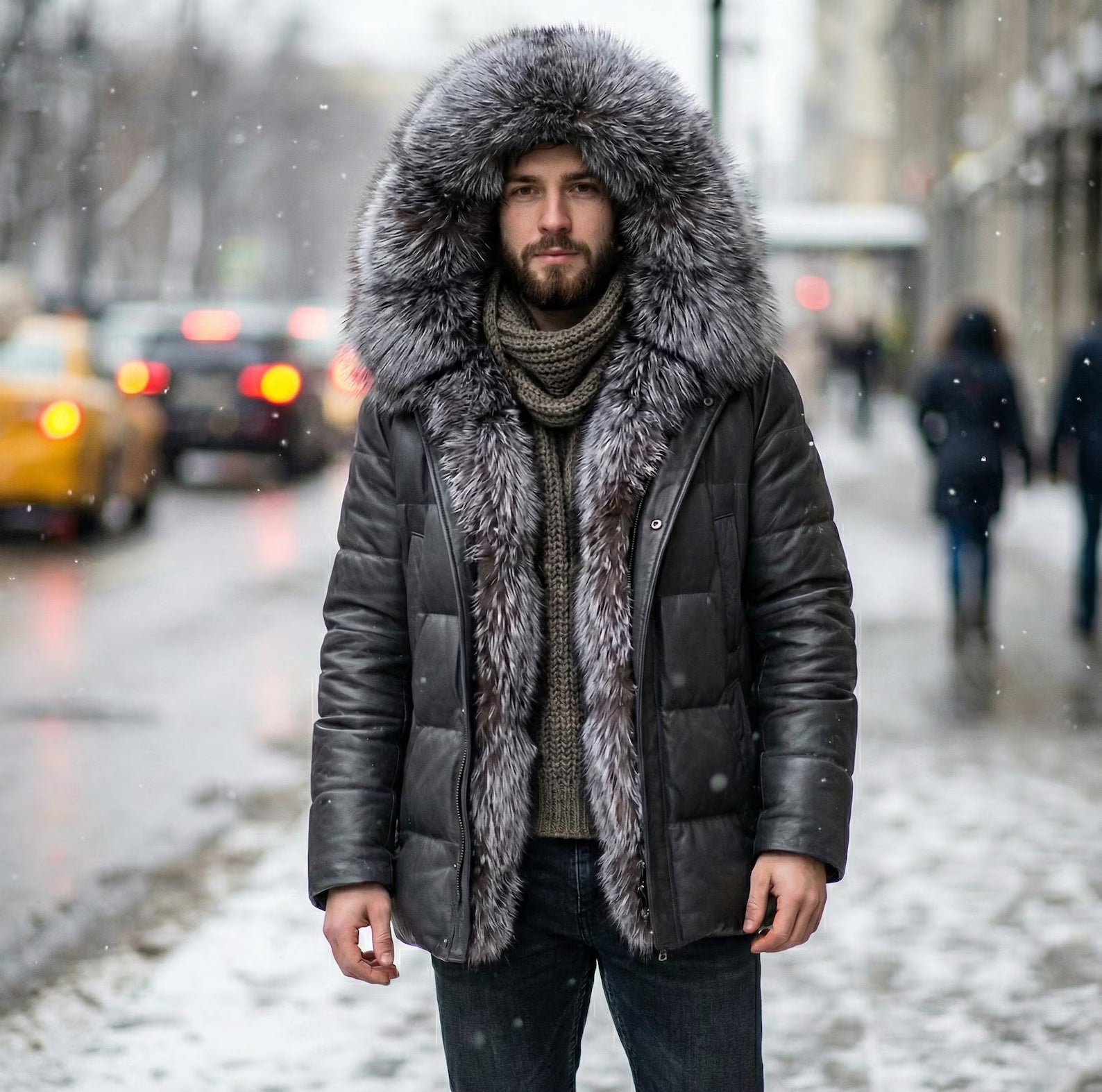 Men’s Luxury Black Leather Puffer Jacket Real Fox Fur Hood Winter Puffy Coat