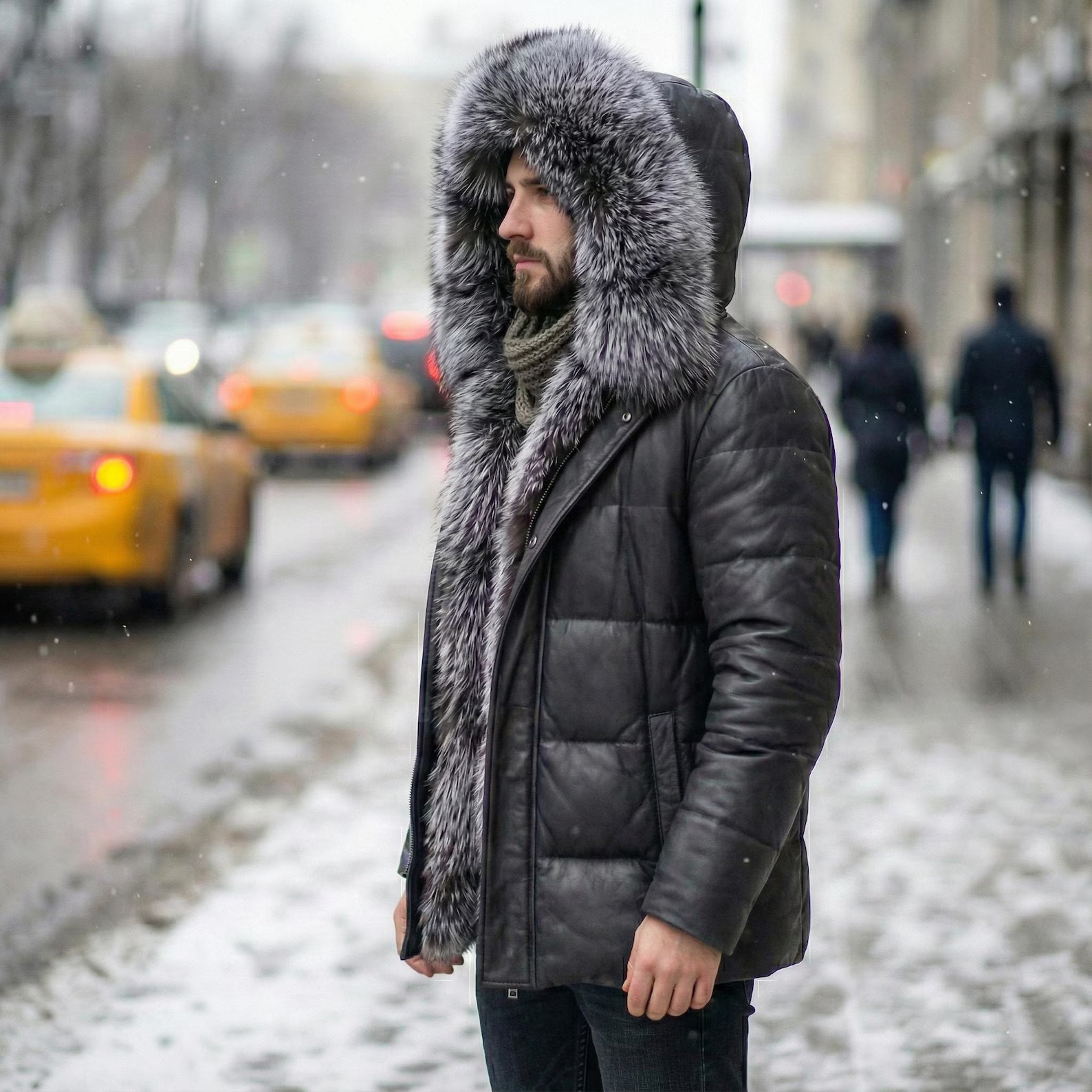 Men’s Luxury Black Leather Puffer Jacket Real Fox Fur Hood Winter Puffy Coat