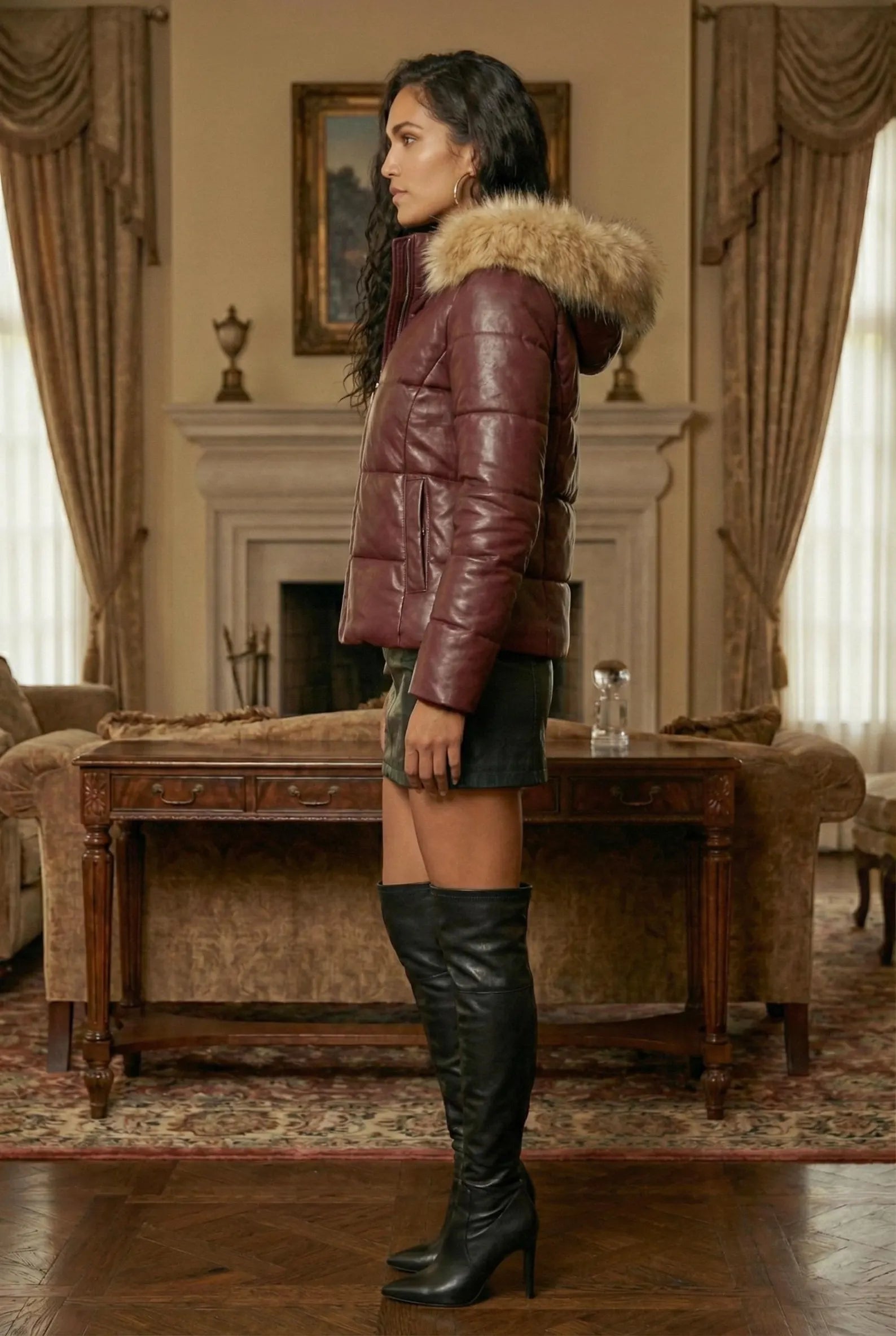 Women’s Leather Puffer Jacket with Fur Hood | Quilted Winter Coat | Warm Hooded Bubble Jacket