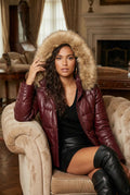 Women’s Leather Puffer Jacket with Fur Hood | Quilted Winter Coat | Warm Hooded Bubble Jacket