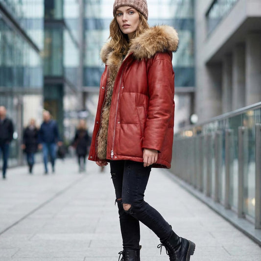 Women’s Red Leather Puffer Jacket with Fur Hood