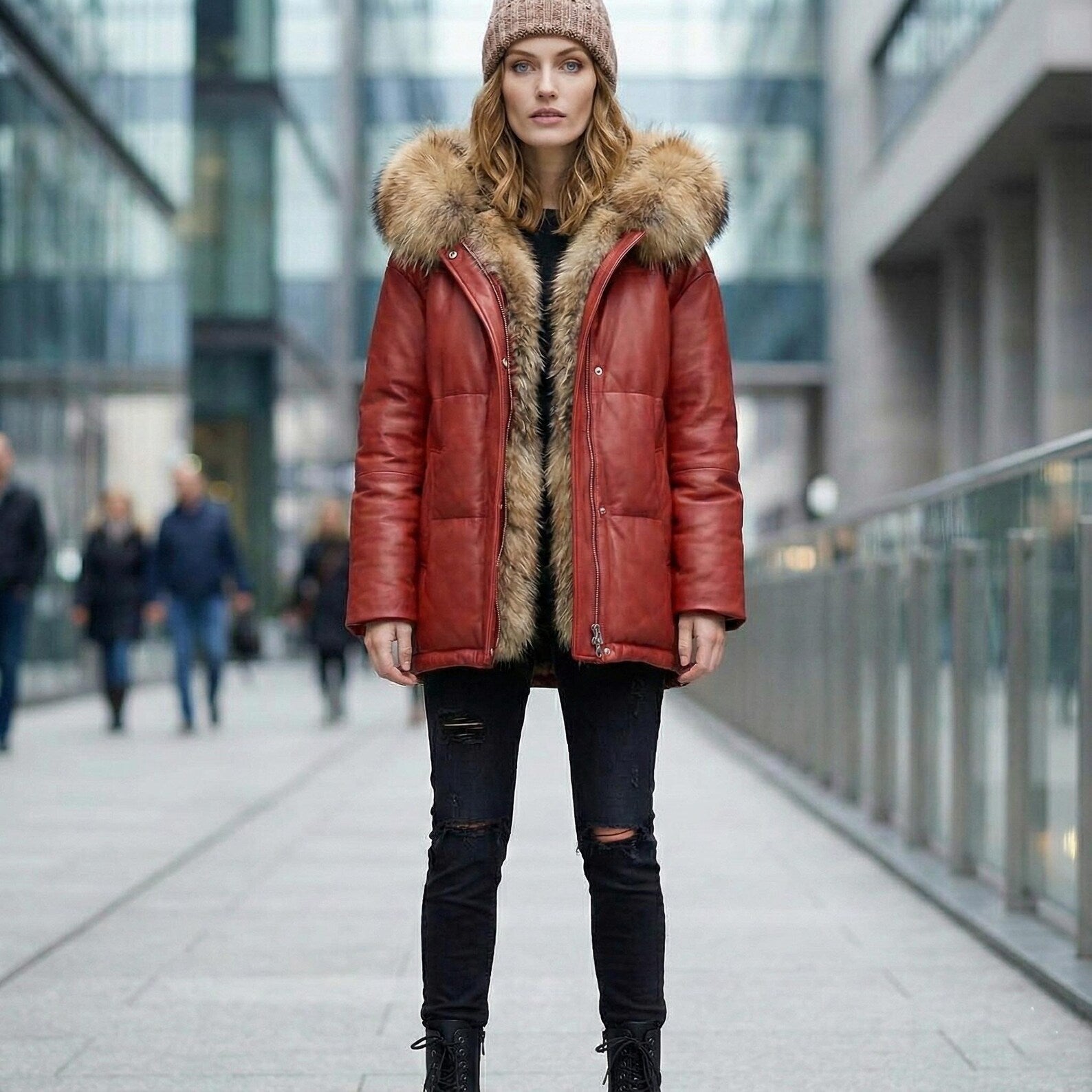 Women’s Red Leather Puffer Jacket with Fur Hood, Quilted Winter Parka, Warm Sheepskin Coat