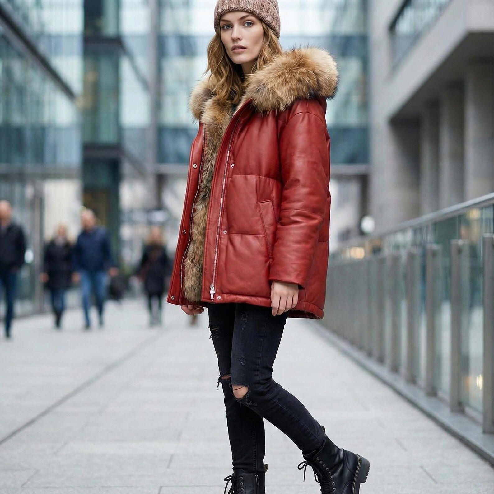 Women’s Red Leather Puffer Jacket with Fur Hood, Quilted Winter Parka, Warm Sheepskin Coat