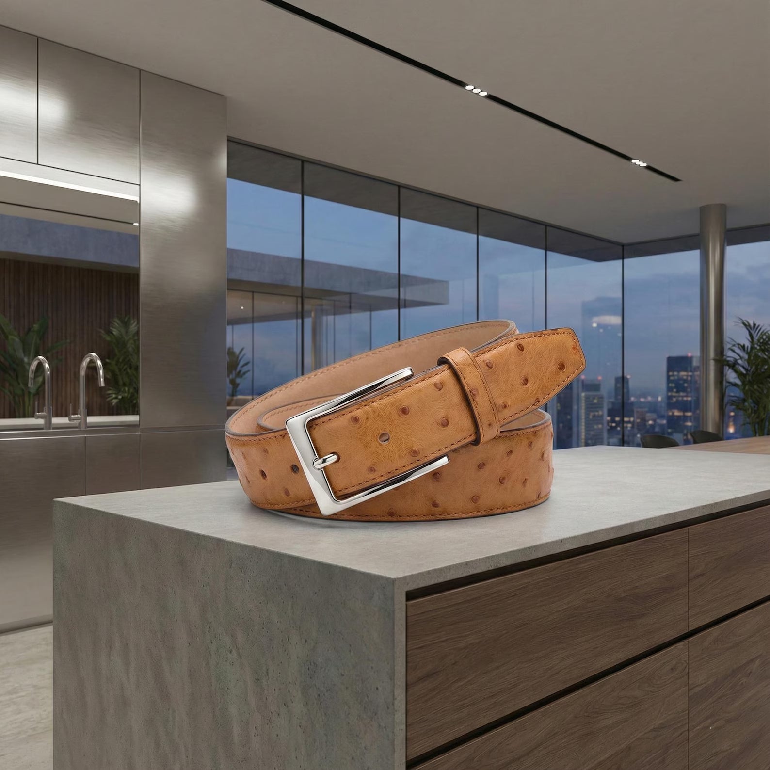 Tan Ostrich Leather Belt | Handcrafted Men's Exotic Skin Belt | High-End Cognac Dress Strap