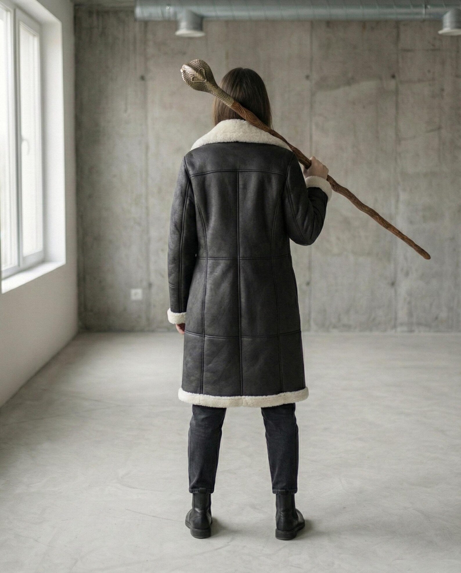 Women’s Black Leather Coat | Belted Winter Trench | Warm Fur Lined Aviator Jacket | B3 Bomber