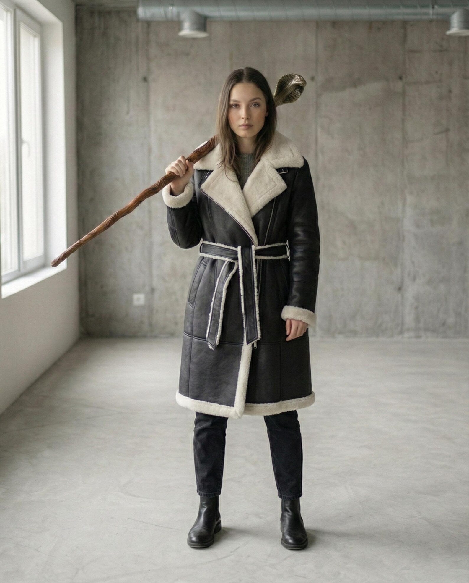 Women’s Black Leather Coat | Belted Winter Trench | Warm Fur Lined Aviator Jacket | B3 Bomber