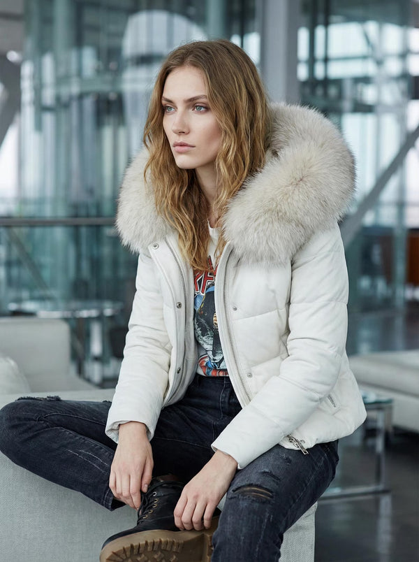 White Leather Puffer Jacket with Fur Hood