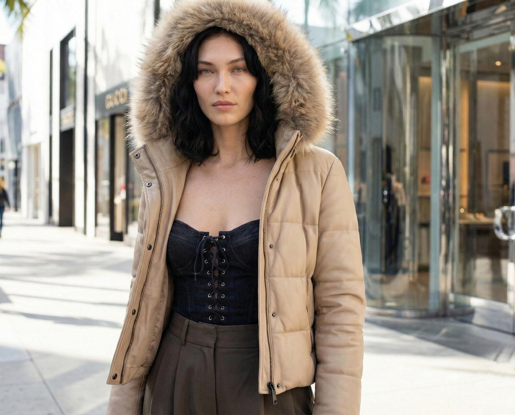 Leather Puffer Jacket Women | Hooded Winter Coat with Fur Trim | Quilted Genuine Leather Bomber