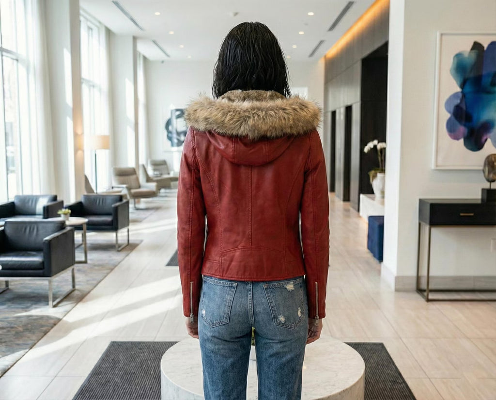 Women's Red Leather Biker Jacket with Fur Hood - Winter Moto Coat - Warm Hooded Outerwear