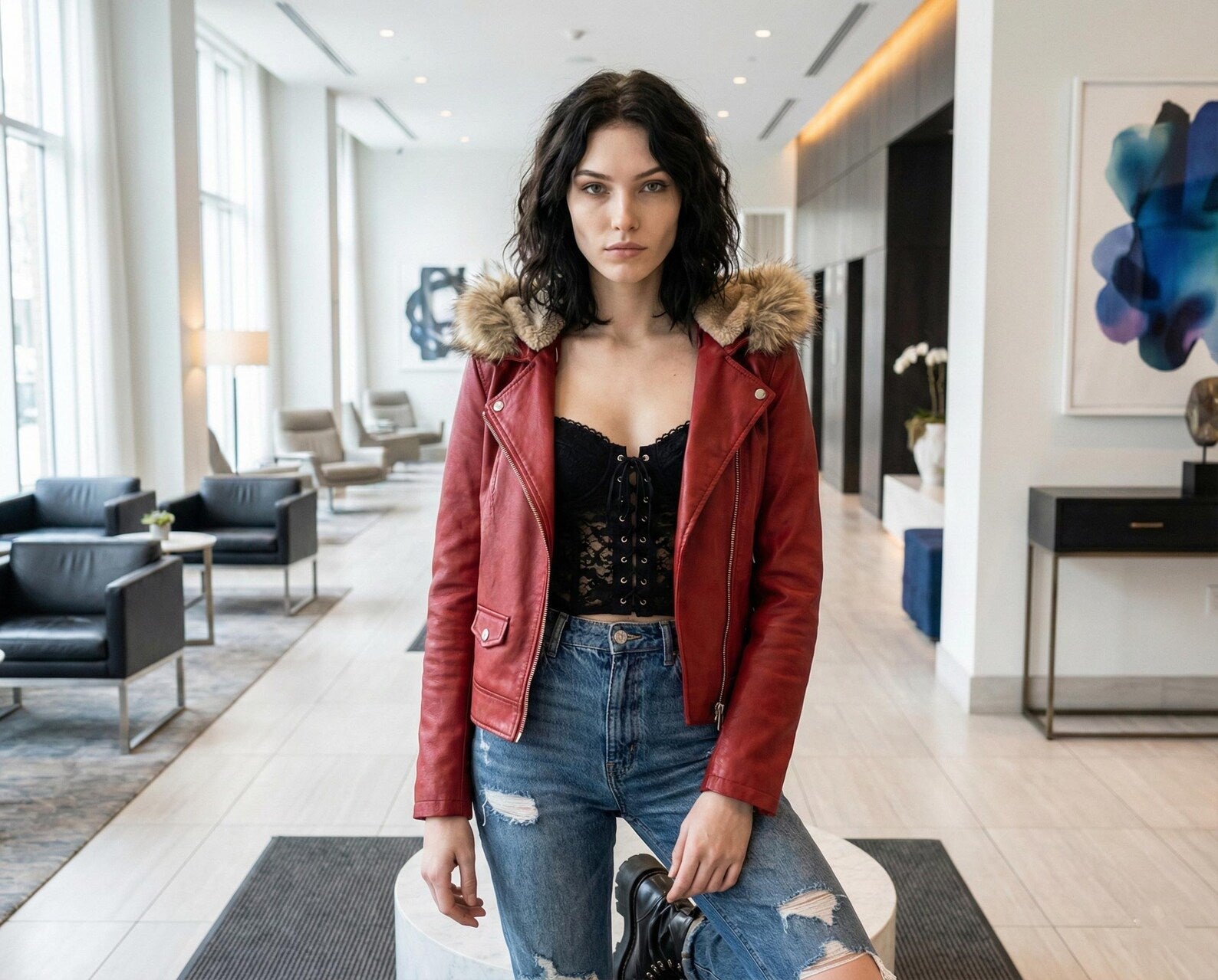 Women's Red Leather Biker Jacket with Fur Hood - Winter Moto Coat - Warm Hooded Outerwear