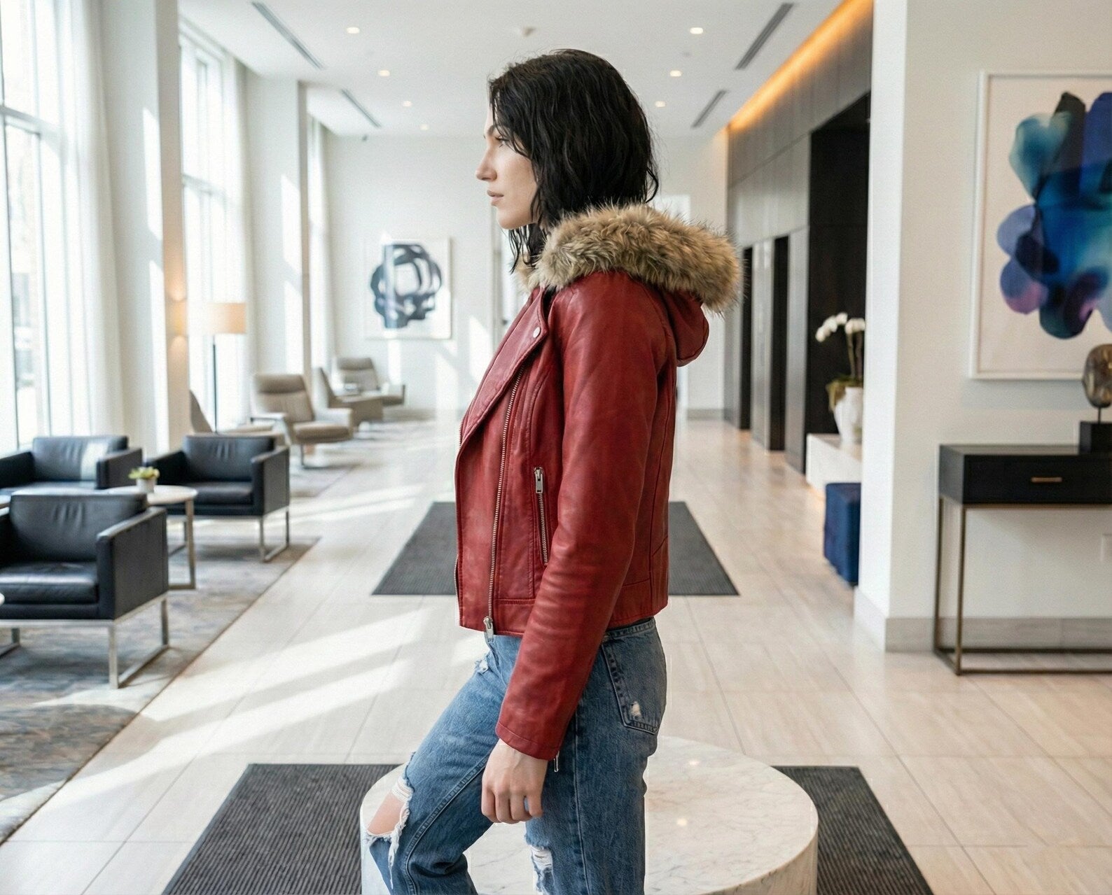 Women's Red Leather Biker Jacket with Fur Hood - Winter Moto Coat - Warm Hooded Outerwear