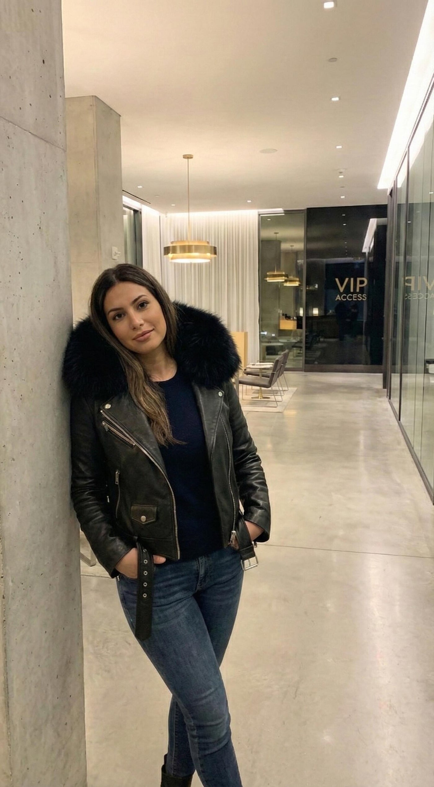 Women's Black Leather Biker Jacket with Fur Hood