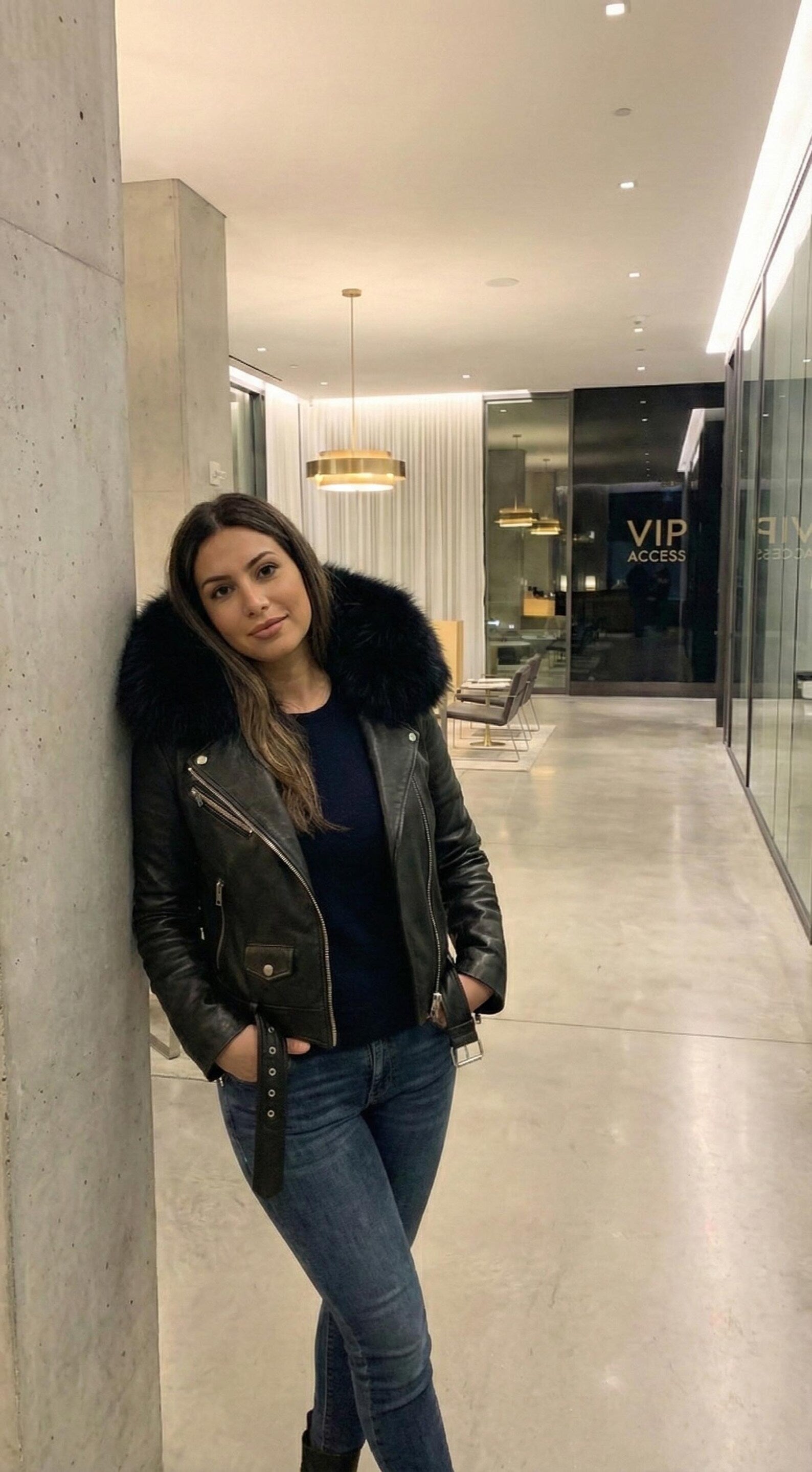 Women's Black Leather Biker Jacket with Fur Hood, Genuine Leather Moto Coat, Winter Hooded Parka