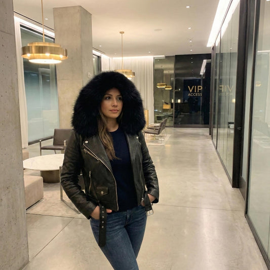 Women's Black Leather Biker Jacket with Fur Hood