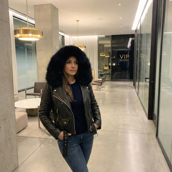 Women's Black Leather Biker Jacket with Fur Hood