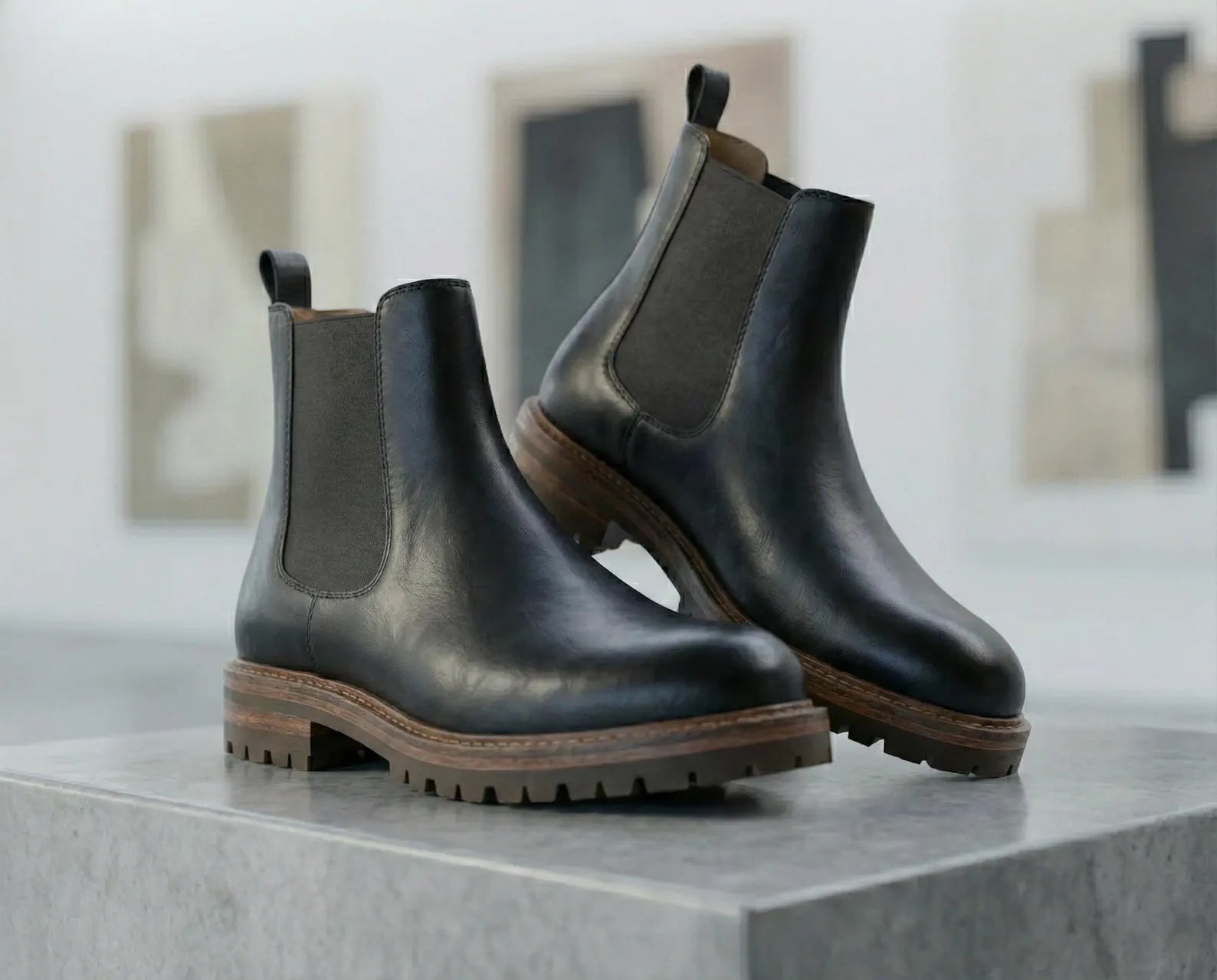 Black Leather Chelsea Boots Men • Chunky Lug Sole Ankle Boots • Handmade Slip On Footwear