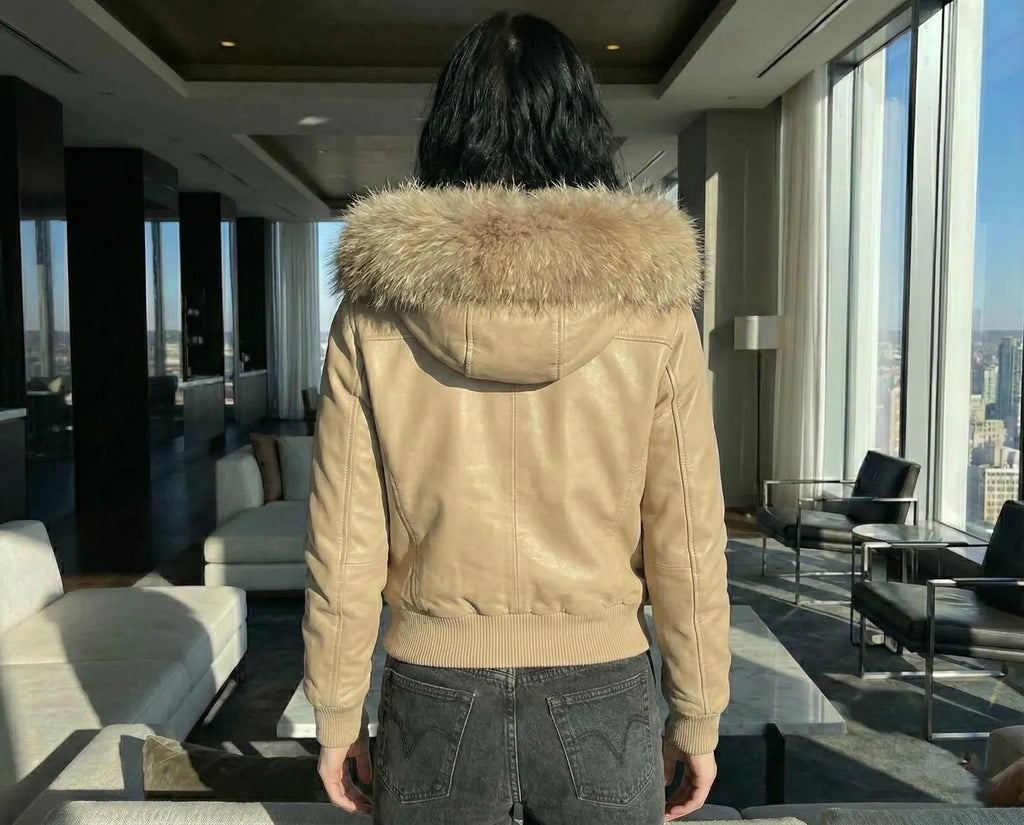 Women's Bomber Leather Jacket with Fox Fur Hood Winter Bomber Coat