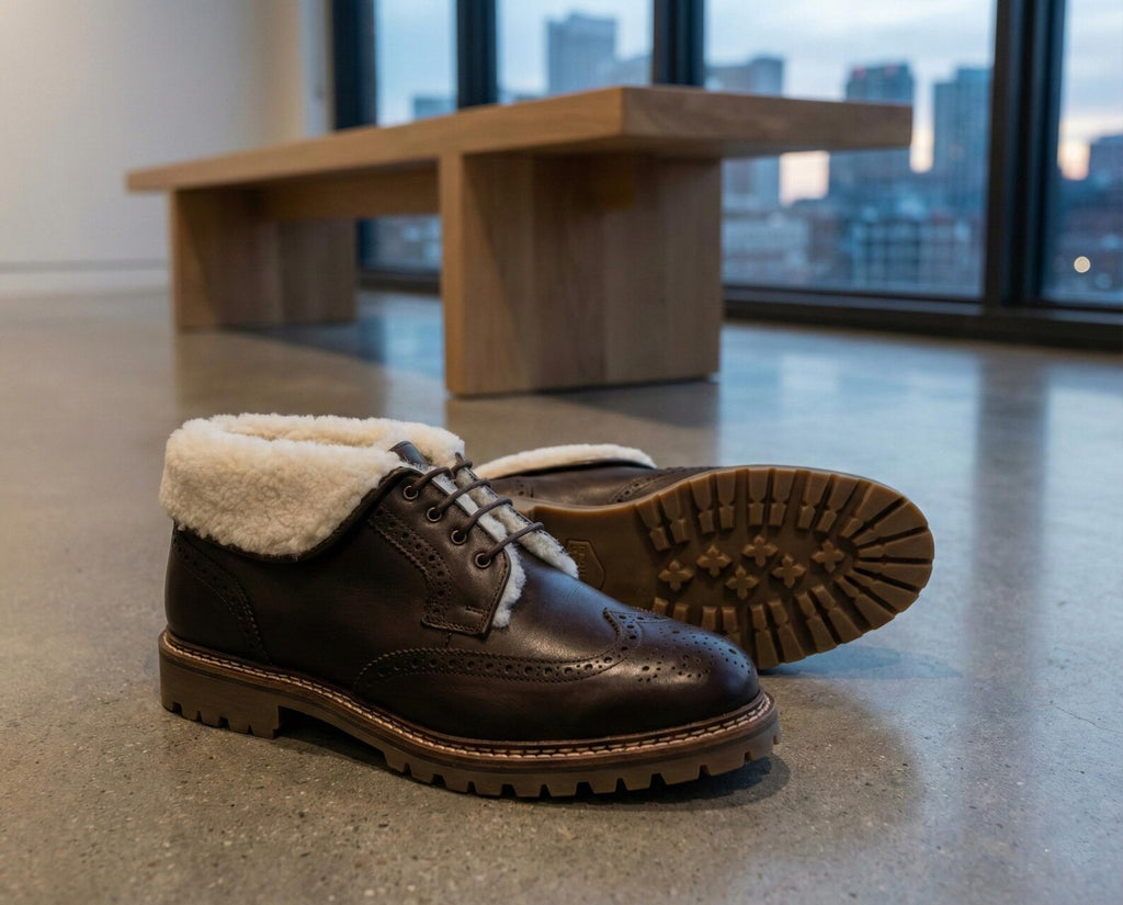 Fur Lined Wingtip Oxfords - Cozy Shearling Ankle Boots - Rugged Lug Sole - Handmade Warm Footwear