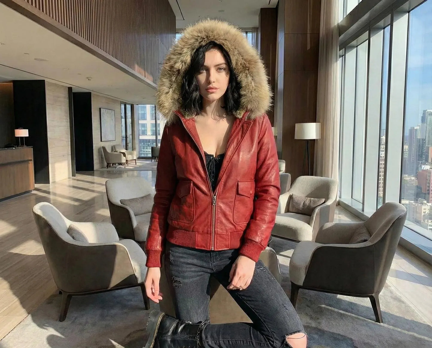 Red Leather Bomber Jacket with Fur Hood
