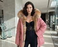 Pink Leather Puffer Jacket with Fox Fur Hood, Womens Winter Parka Coat