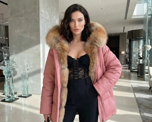 Pink Leather Puffer Jacket with Fox Fur Hood