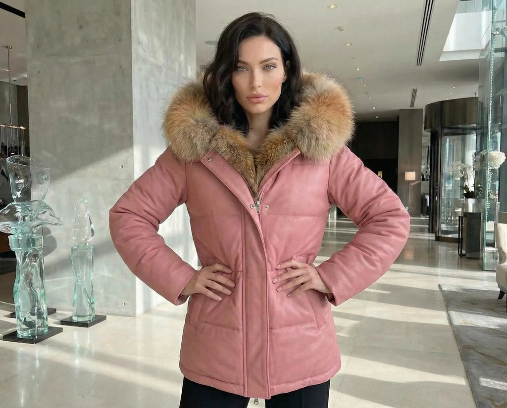 Pink Leather Puffer Jacket with Fox Fur Hood, Womens Winter Parka Coat