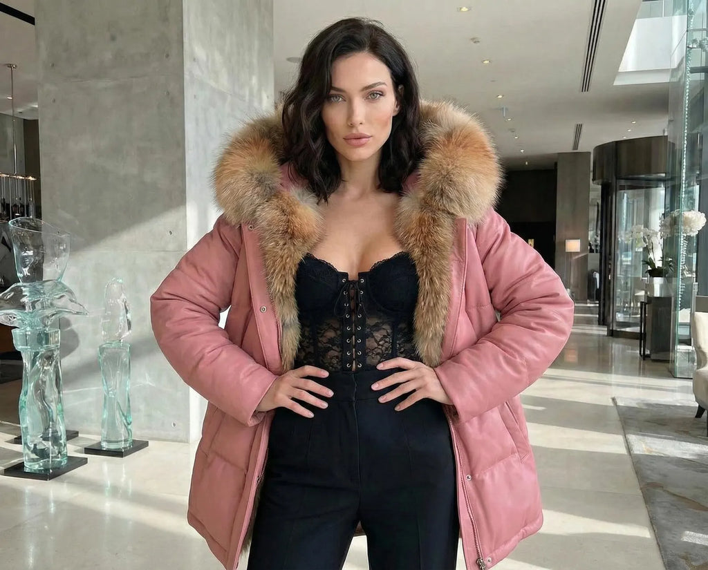 Pink Leather Puffer Jacket with Fox Fur Hood, Womens Winter Parka Coat