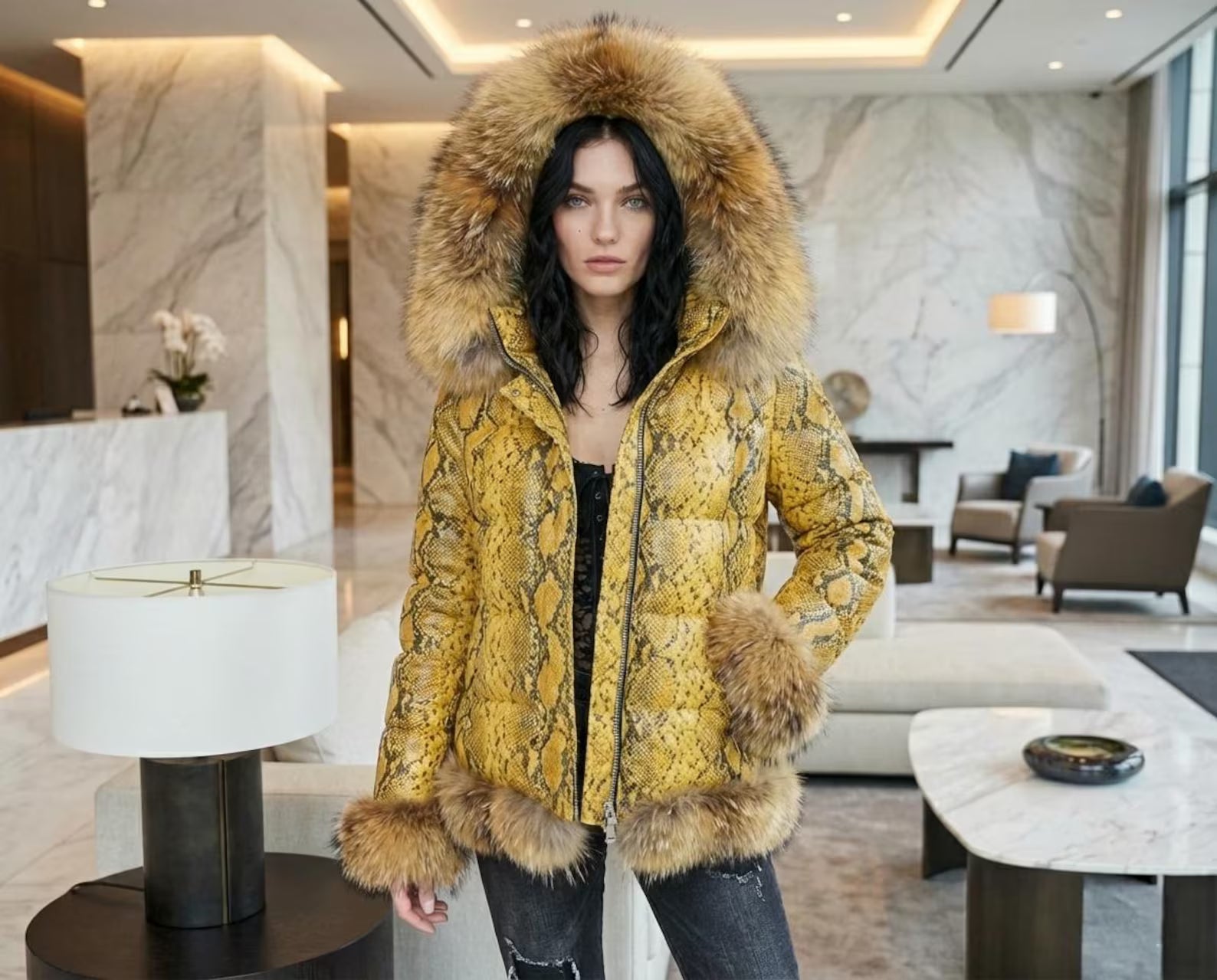 Women's Luxury Python Snakeskin puffer leather Jacket Real Fox Fur Collar Snake Print Jackets
