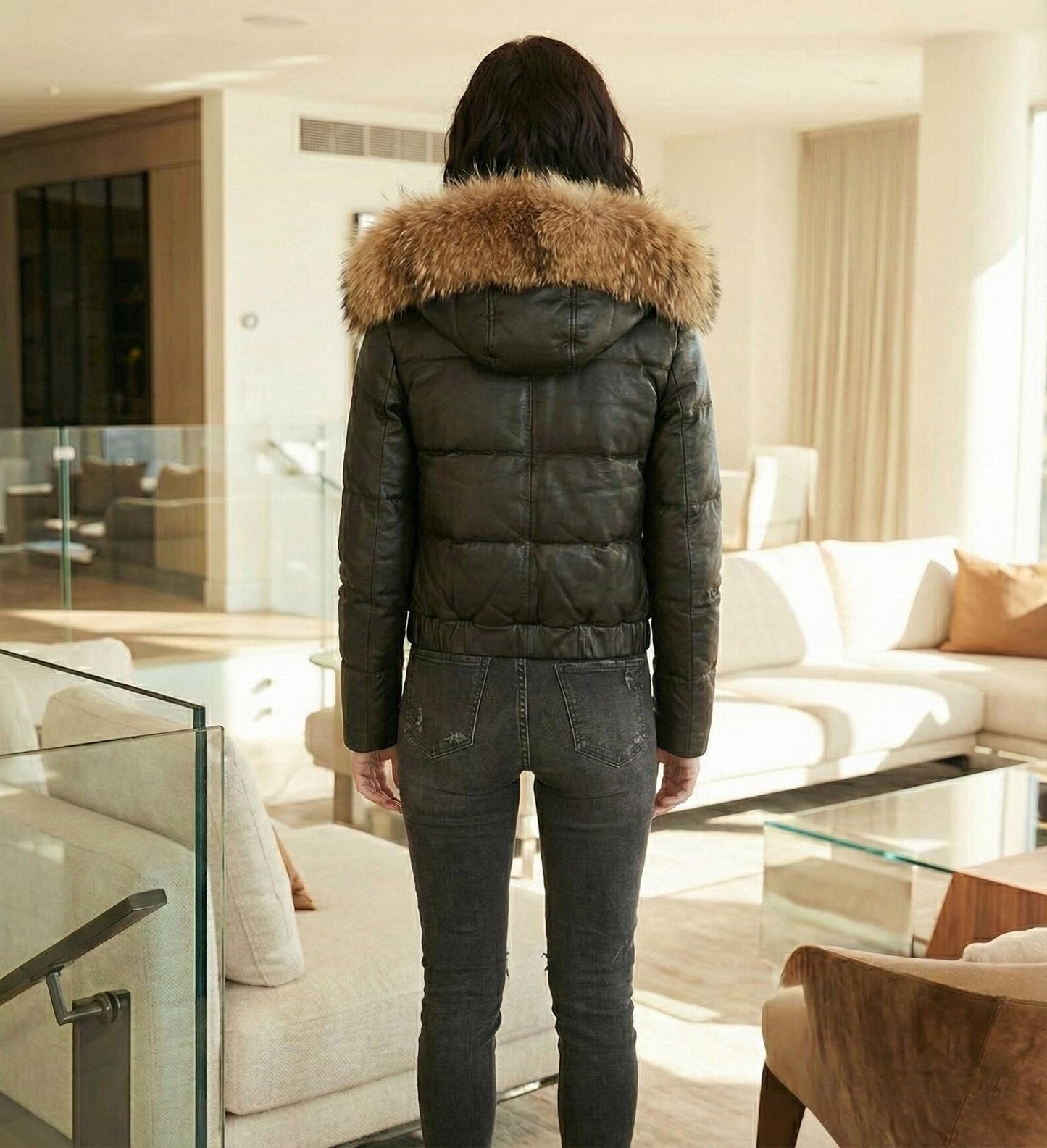 Black Leather Puffer Coat with Fluffy Fur Trim