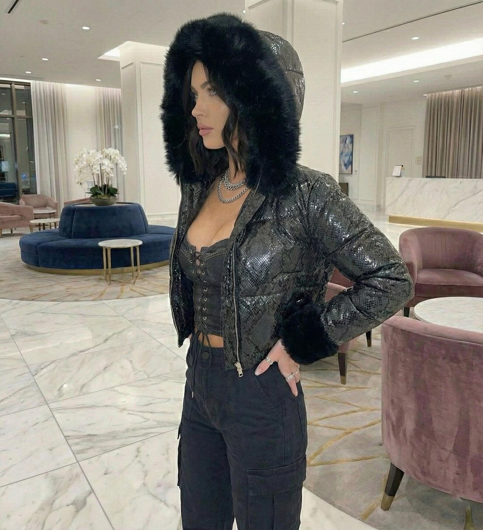 Women's Snake Print Leather Puffer Jacket - Black Cropped Winter Coat with Fur Hood & Cuffs