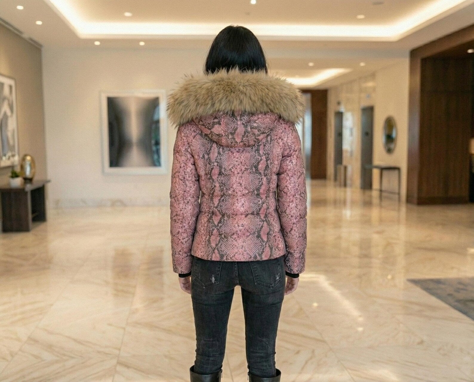 Pink Snake Print Leather Puffer Jacket with Fur Hood, Women’s Winter Cropped Coat