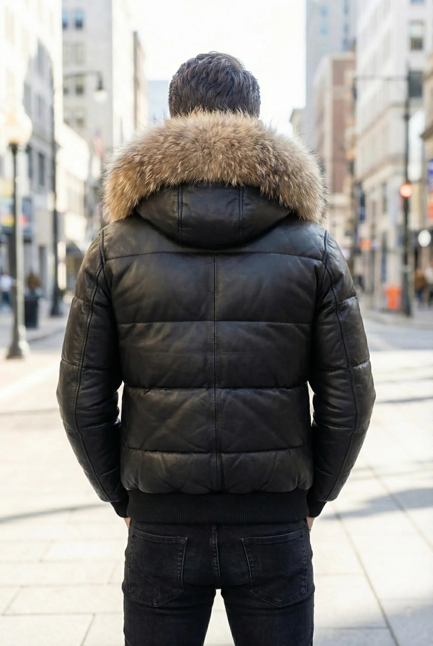 Men Black Leather Puffer Jacket with Fur Hood