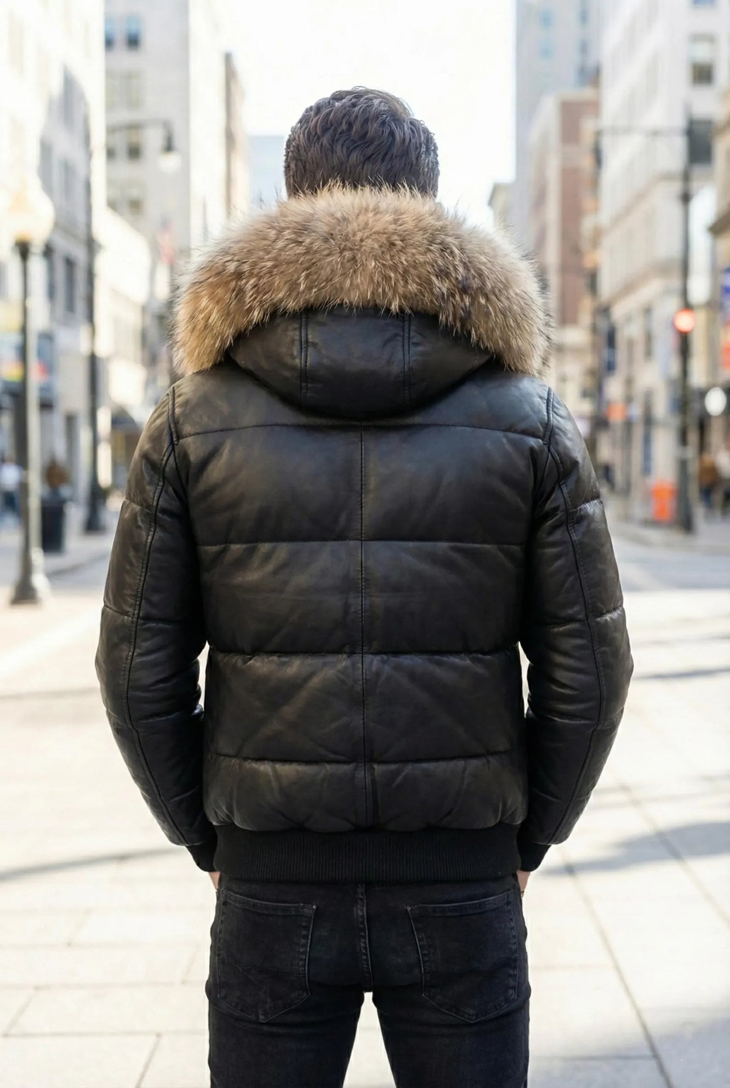 Men Black Leather Puffer Jacket with Fur Hood