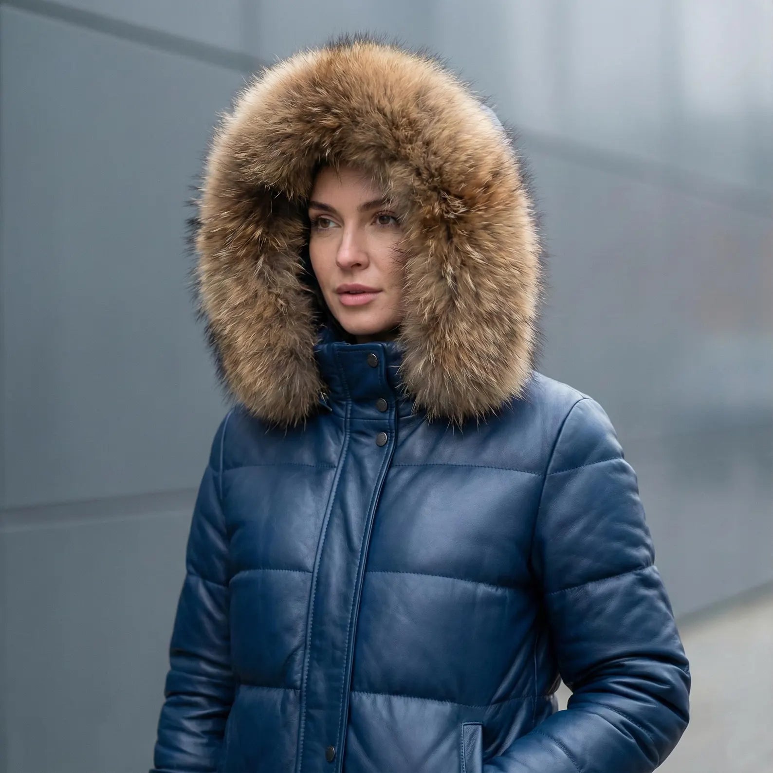 Women's Luxury Brown Leather Puffer Jacket Fox Fur Trimmed Bubble Coat