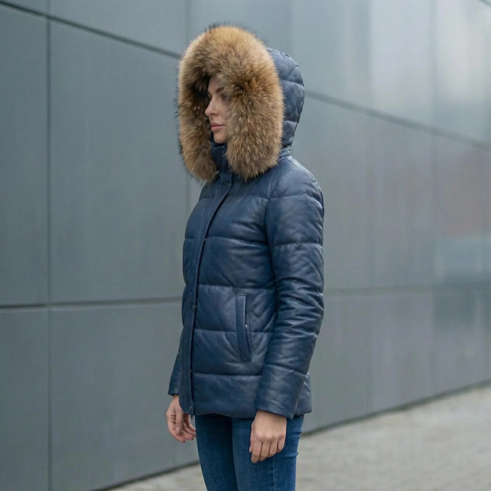 Women's Luxury Brown Leather Puffer Jacket Fox Fur Trimmed Bubble Coat