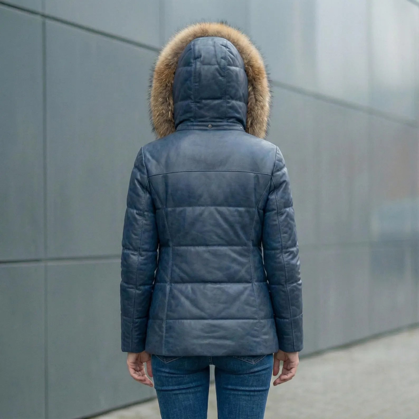 Women's Luxury Brown Leather Puffer Jacket Fox Fur Trimmed Bubble Coat