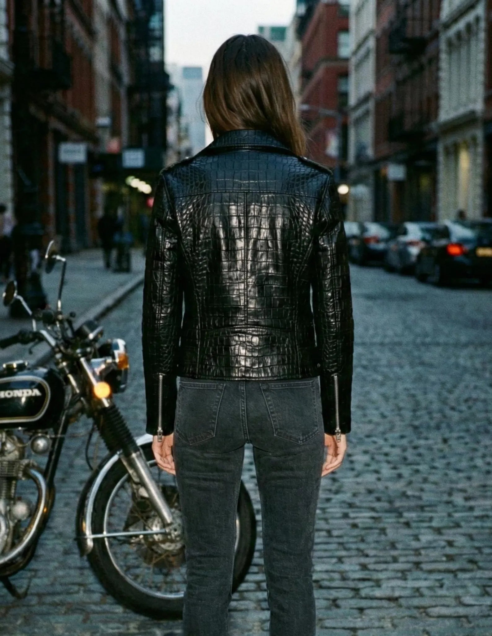 Women's Black Crocodile Leather Biker Jacket - Luxury Genuine Leather Motorcycle S-3XL