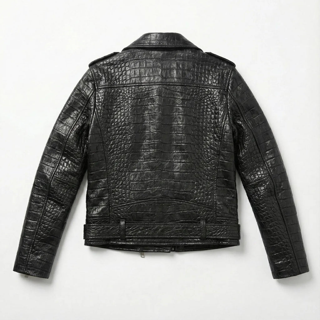 Women's Black Crocodile Leather Biker Jacket - Luxury Genuine Leather Motorcycle S-3XL